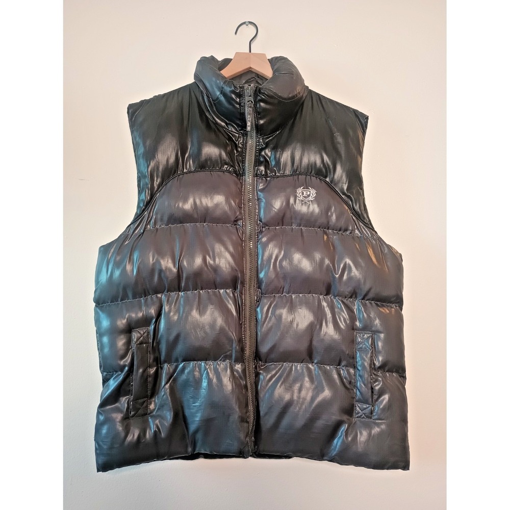 Vtg 90s Y2K Phat Farm Classics Puffer Vest Black Mens XL Shiny Bubble Streetwear